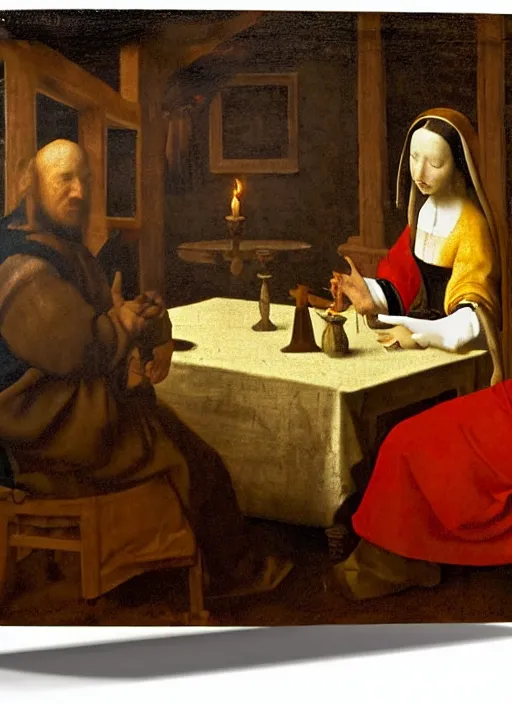 Image similar to a candlelit table at the inn, two people sitting at the table, swirling smoke, dark smoke, realistic, in the style of leonardo da vinci, dutch golden age, amsterdam, medieval painting by jan van eyck, johannes vermeer, florence