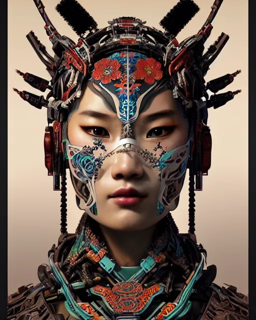 Prompt: portrait of a machine from horizon zero dawn, machine face, upper half portrait, decorated with chinese opera motifs, asian, bian lian, traditional chinese art, intricate, elegant, highly detailed, digital painting, artstation, concept art, smooth, sharp focus, illustration, art by artgerm and greg rutkowski and alphonse mucha, 8 k