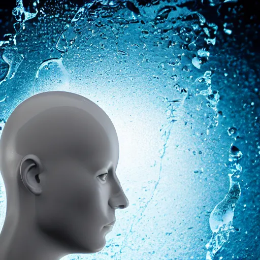 Prompt: a human head made of water, minimalistic logo icon, white background, futuristic, glowing, hyper realistic, ray tracing, realistic water splashes, sharp focus, long shot, 8 k resolution