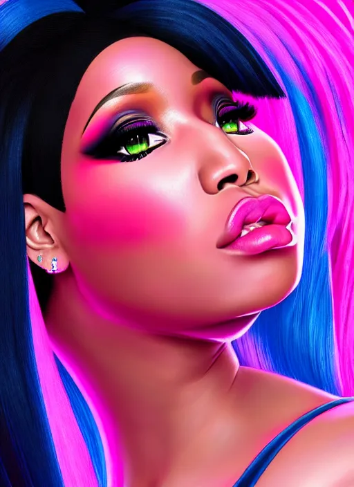 Image similar to nicki minaj is kissing cardi b, evangelion, au naturel, hyper detailed, sharp focus, bokeh, depth of field, digital art, trending in artstation, cinematic lighting, studio quality, smooth render, unreal engine 5 rendered, octane rendered, art style by klimt and nixeu and ian sprigger and wlop and krenz cushart