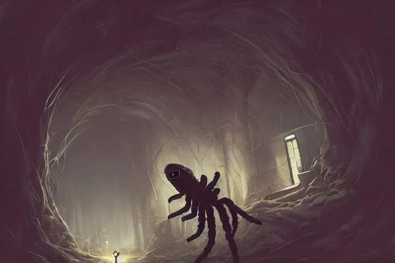 Prompt: a close - up view of a monstrous tarantula in a dark foreboding tunnel, with a lone explorer with a lamp, with cobwebs, in the style of peter mohrbacher, dramatic lighting, atmospheric, low angle, wide angle, hyper - realistic, concept art, highly detailed digital painting, trending on artstation