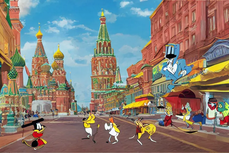 Prompt: moscow street view panoramic painting animation background art disney looney tunes