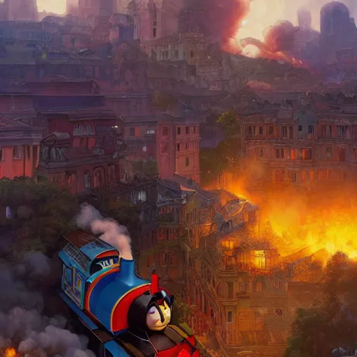 Image similar to thomas the tank engine destroying a city, 8 k, highly detailed, digital painting, unreal engine tech demo, vivid colors, artstation, art by artgerm and greg rutkowski and alphonse mucha