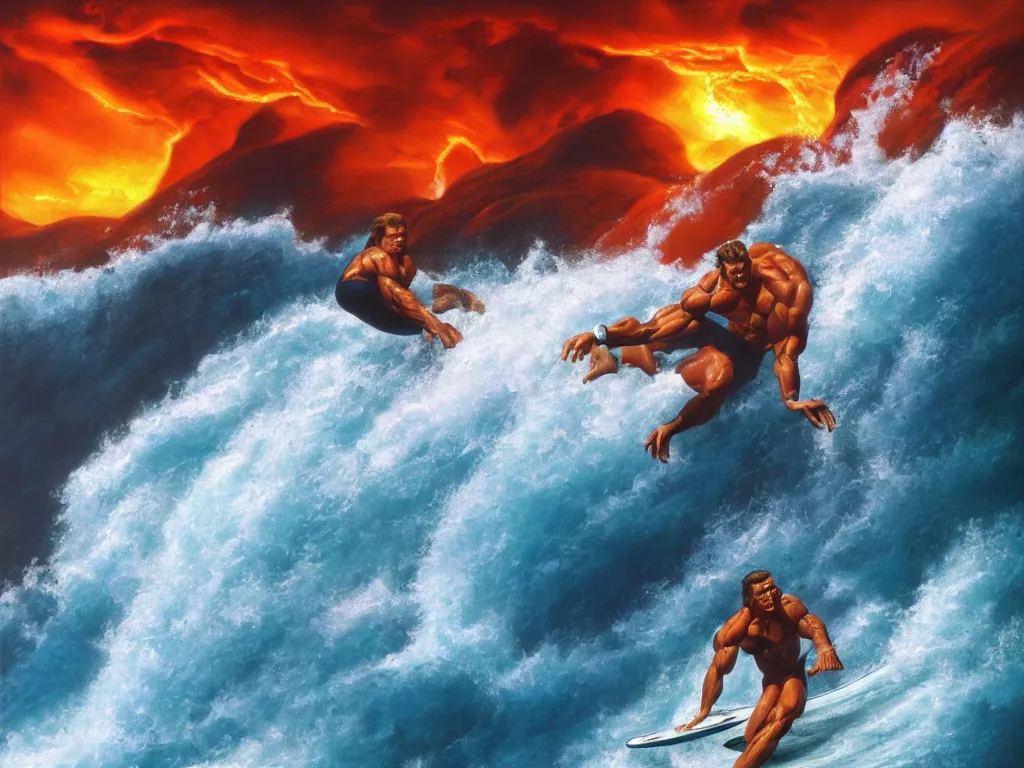 Prompt: arnold schwarzenegger surfing on lava wave by boris vallejo, stunning scene, 8 k, digital painting, hyperrealism, bright colors, trending on artstation