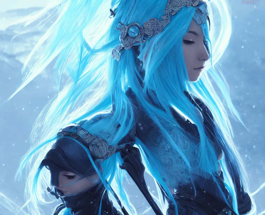 Image similar to portrait light cyan hair ninja gaiden girl, black plus little blue ninja wardrobe, at snowy fuji mountain sunrise, ssci - fi and fantasy, intricate and very very beautiful, detailed, digital painting, artstation, concept art, smooth and sharp focus, illustration, art by tian zi and wlop and alphonse mucha