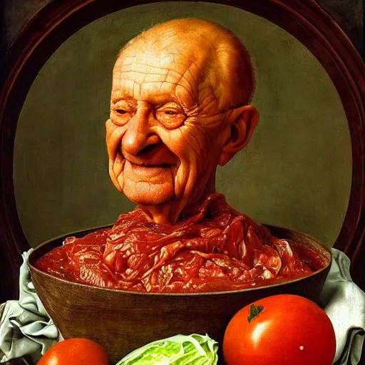 Prompt: a 9 0 year old boy sitting in a tub full of tomato sauce, a lot of cabbage, by giuseppe arcimboldo and ambrosius benson, renaissance, portrait, fruit, intricate and intense oil paint, realistic