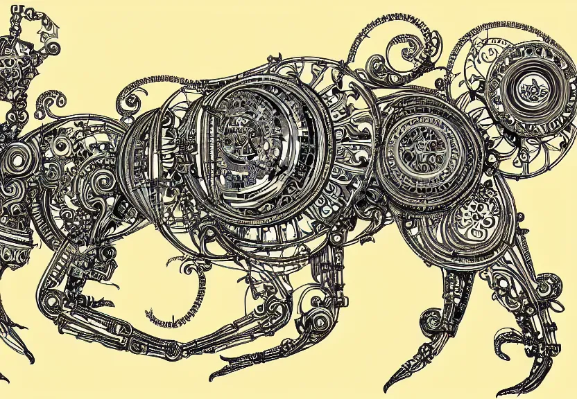 Image similar to schematic blueprint of highly detailed ornate filigreed convoluted ornamented elaborate cybernetic rat, wide margin, art by da vinci