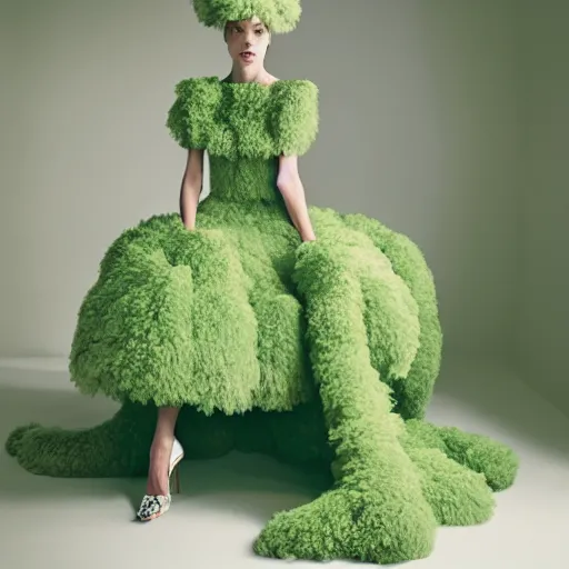 Prompt: Editorial studio photograph of a green Valentino Haute Couture dress, photographed by Tim Walker