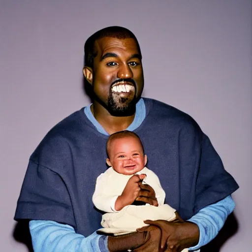 Image similar to kanye west smiling and holding yoda for a 1 9 9 0 s sitcom tv show, studio photograph, portrait