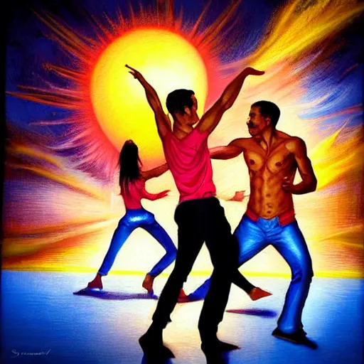 Image similar to semi realistic portrait of The sun is exploding while Latino Cubans Dancers Salsa Dancing by Stanley Artgerm Lau, sun exploding on the background, Gesture draw, Salsa Social Dance, couple, Salsa tricks, explosive background, WLOP, Rossdraws, Gesture draw, James Jean, Andrei Riabovitchev, Marc Simonetti, and Sakimichan, trending on artstation