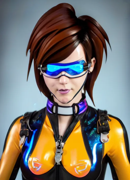Image similar to portrait bust digital artwork of tracer overwatch, wearing iridescent rainbow latex and leather straps catsuit outfit, 4 k, expressive happy whistling face, makeup, in style of mark arian, angel wings, wearing detailed leather collar, chains, black leather harness, detailed face and eyes,