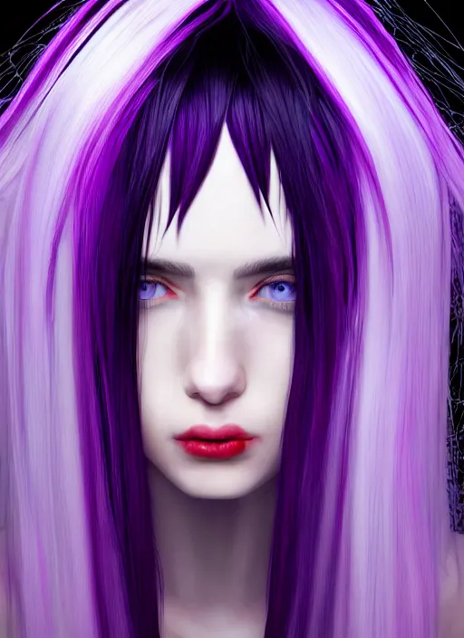 Image similar to hair whitebangs hair, black cyberlox, portrait of teenage girl with white bangs, whitebangsblackhair, messy bangs, cyberlox, whitebangs, red irises, purple clothes, intricate, elegant, glowing lights, highly detailed, digital painting, artstation, concept art, sharp focus, illustration, art by wlop, mars ravelo and greg rutkowski