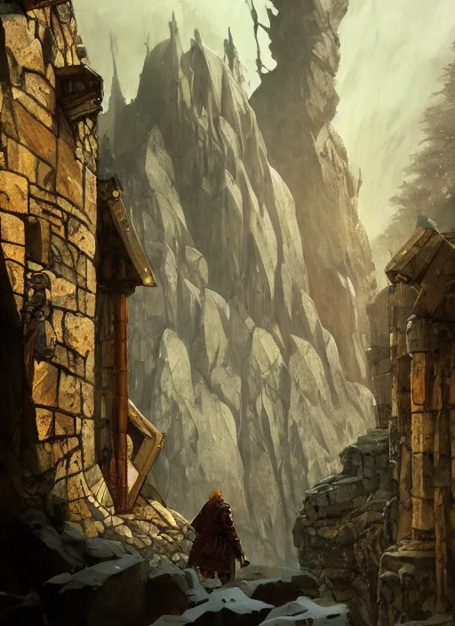 Image similar to Grikki the dwarf. A humble dwarven stone mason completes the great gate of kings. Fantasy concept art. Brutalist architecture.Moody Epic painting by James Gurney, and Alphonso Mucha. ArtstationHQ. painting with Vivid color. (Dragon age, witcher 3, lotr)