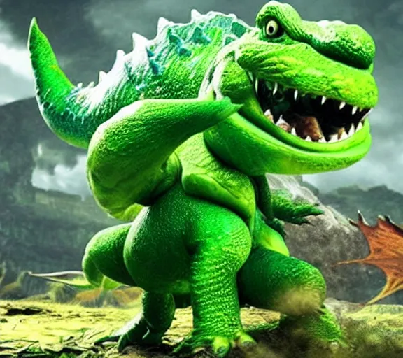 Prompt: yoshi in monster hunter, green dinosaur