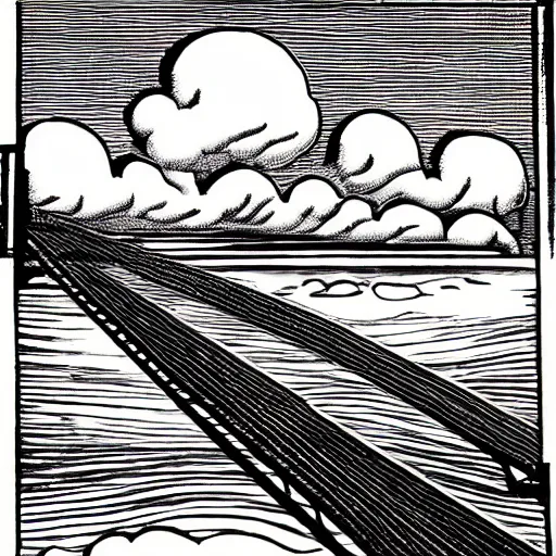 Image similar to steel suspension bridge built in 1 9 2 8, side view, clouds in background, woodcut style, 4 k