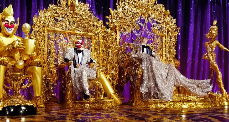 Image similar to shining majestic throne made of millions of diamonds, gold and zaphires with thousands of light reflections, and a clown on a tuxedo suit is sitting on the throne while handing a golden globe, cartoon style, dramatic light