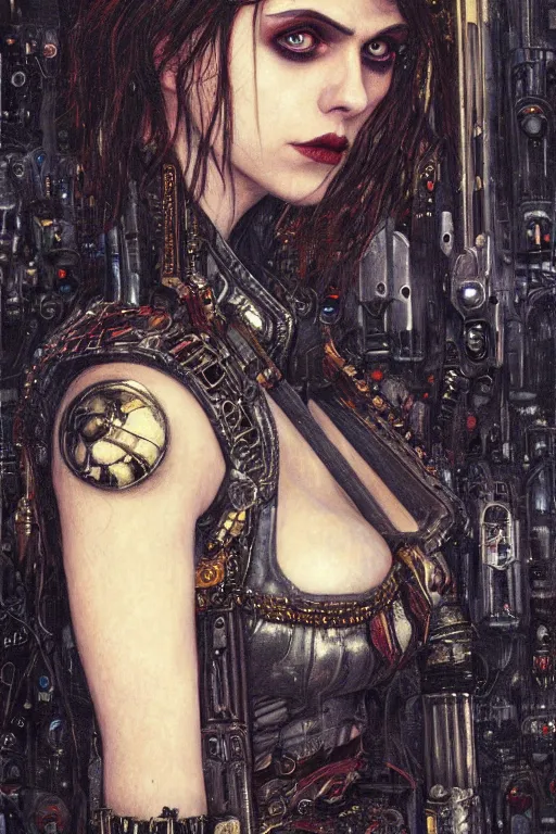 Prompt: portrait of beautiful gothic Alexandra Daddario, cyberpunk, Warhammer, highly detailed, artstation, illustration, art by Gustav Klimt