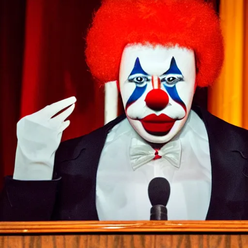 Image similar to string puppet of a president with clown makeup in a podium and a human shadow behind