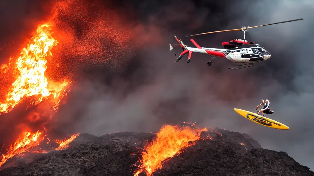 Image similar to person wearing a sponsored team jersey with logos jumping out of a helicopter with a surfboard into a volcano, action shot, dystopian, thick black smoke and fire, sharp focus