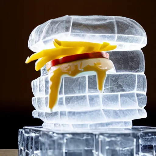 Image similar to a clear ice sculpture of a burger made entirely of ice, 4 k