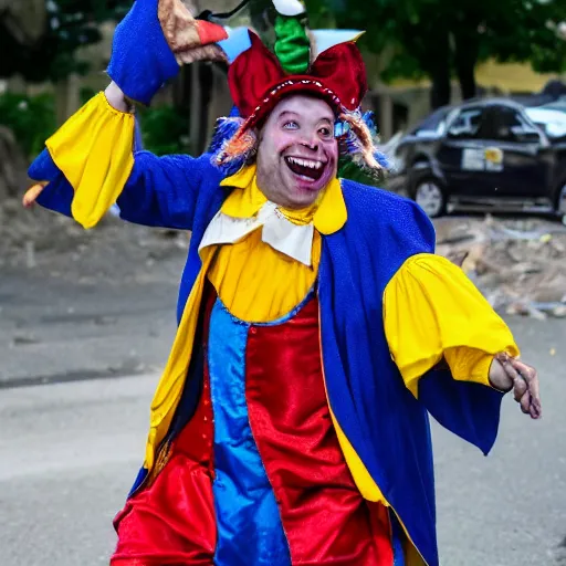 Image similar to a joyful jester takes an exciting turn for the worst disaster imaginable