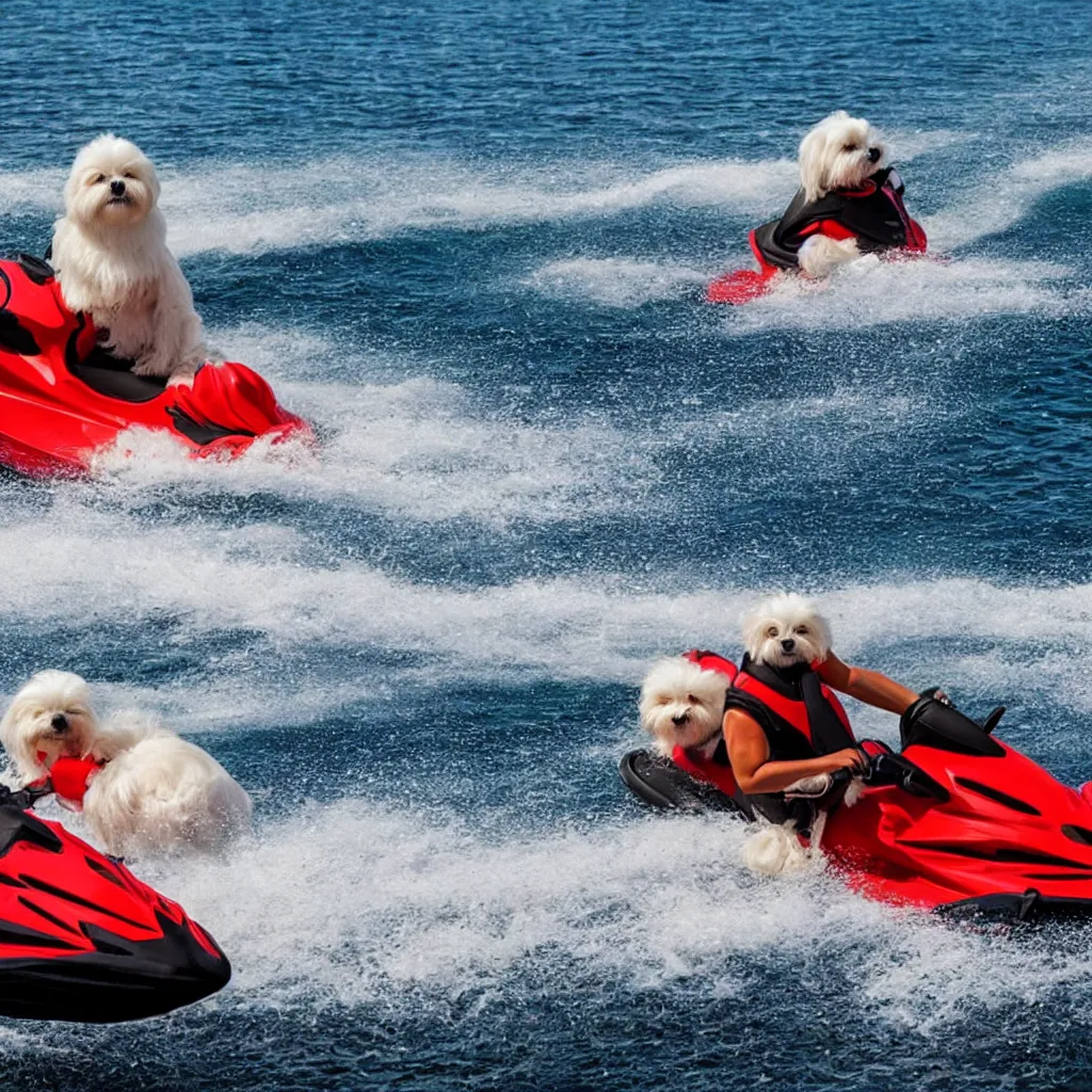 Prompt: maltese dog on a jetski with flames