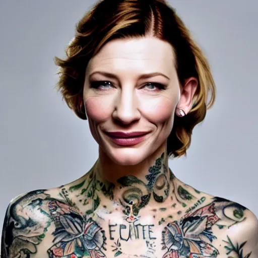 Image similar to full body tattooed cate blanchett with golden teeths 4k