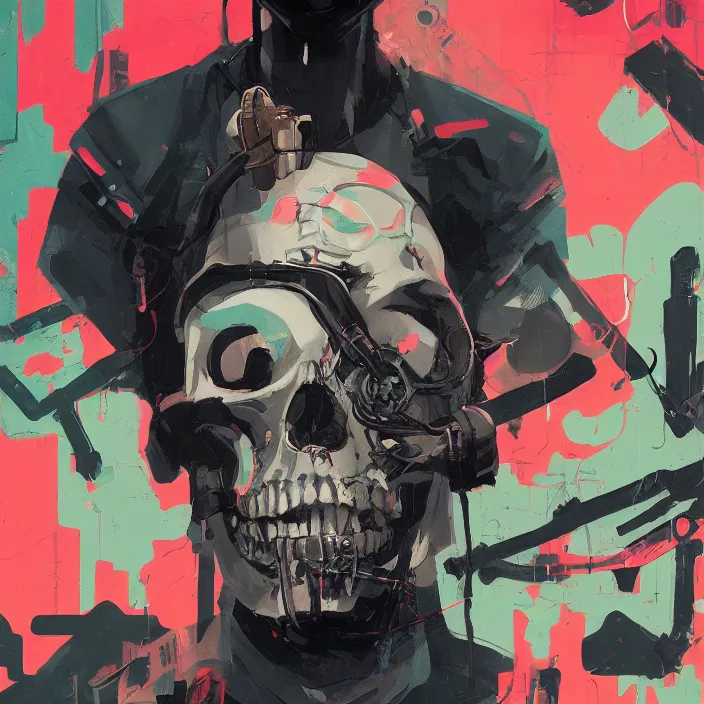 Prompt: a colorful comic noir illustration painting of a cyberpunk skull by sachin teng and sergey kolesov and sam yang. in style of graffiti art. hyper detailed, sharp focus, soft light. octane render. ray tracing. trending on artstation