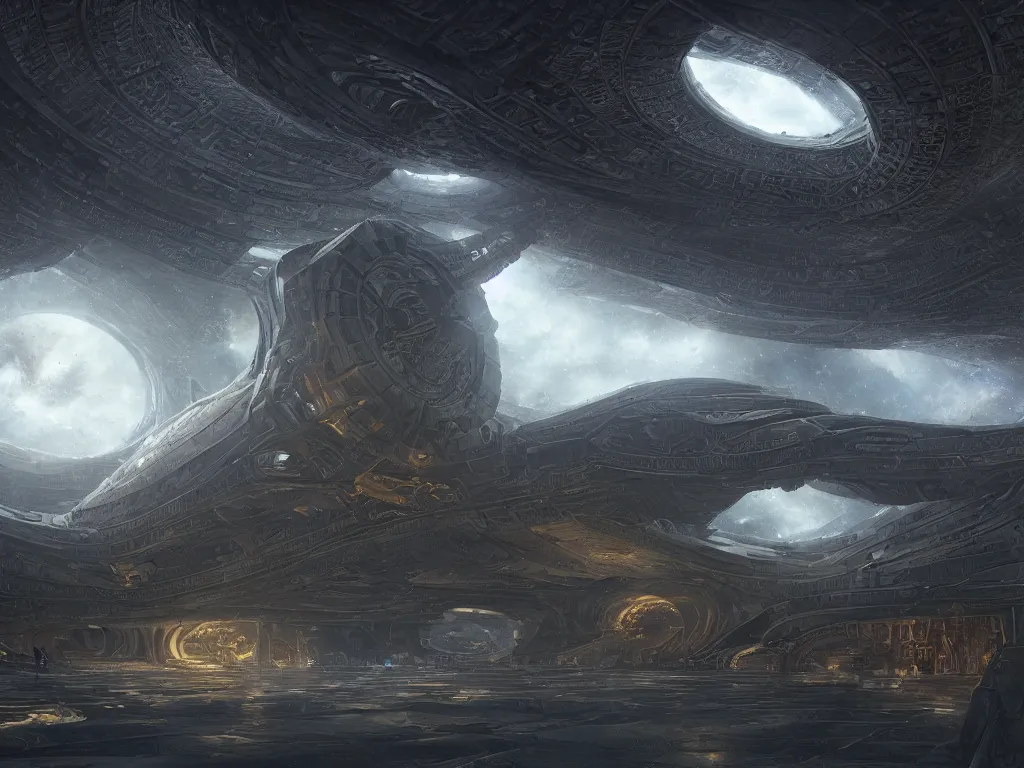 Image similar to goa'uld mausoleum spaceship, highly detailed, intricate, by Raphael Lacoste, Eddie Mendoza, Alex Ross, background of outer space nebulas by Pilar Gogar, concept art, matte painting, 8K HDR