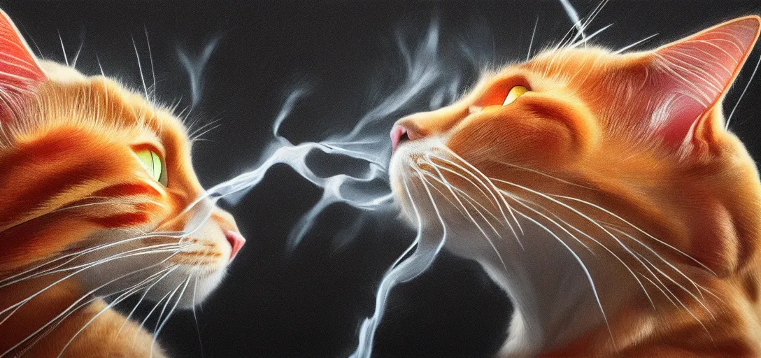 Image similar to a cat breathing fire, portrait and veins and translucent and hyperrealistic and ultra - detailed, bloom, glow, reflection, refraction, matte, glossy, smooth, emissive material