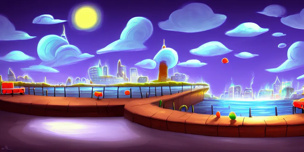 Image similar to nightscape chubby cartoon concept art, wall with drain on the edge of the river, spiral clouds, sam and max, liquid smoke, catamarans