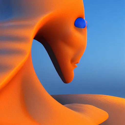 Image similar to giant blue statue face, flying, man, octane render, water, orange sky moebius by jean giraud