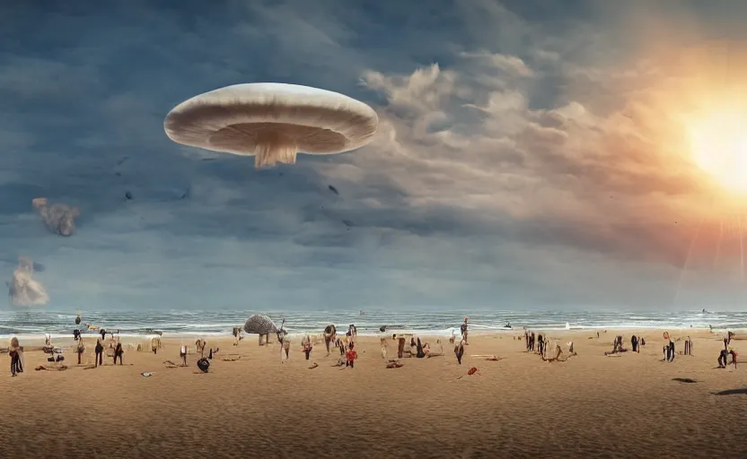 Image similar to sunny day at the beach blue sky nuclear mushroom cloud on the horizon and few people watching it war apocalyptic photorealistic