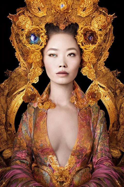 Image similar to a beautiful empress portrait, with a brilliant, impossible striking big cosmic headpiece, clothes entirely made out of cosmos, symmetrical, dramatic studio lighting, rococo, baroque, jewels, asian, hyperrealism, closeup, D&D, fantasy, intricate, elegant, highly detailed, digital painting, artstation, octane render, 8k, concept art, matte, sharp focus, illustration, art by Artgerm and Greg Rutkowski and Alphonse Mucha