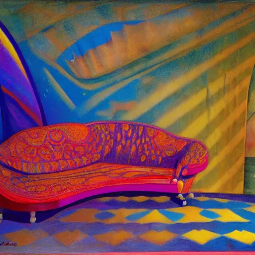 Image similar to psychedelic couch sofa costa blanca, designed by arnold bocklin, jules bastien - lepage, tarsila do amaral, wayne barlowe and gustave baumann, cheval michael, trending on artstation, mediterranean, star, sharp focus, colorful refracted sparkles and lines, soft light, 8 k 4 k