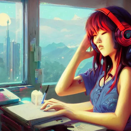 Image similar to lo-fi colorful masterpiece by Ross Tran, WLOP, Dan Mumford, Christophe Vacher, painting, asian girl, with headphones, studyng in bedroom, window with Tokyo view, lo-fi illustration style, by WLOP, by loish, by apofis, alive colors