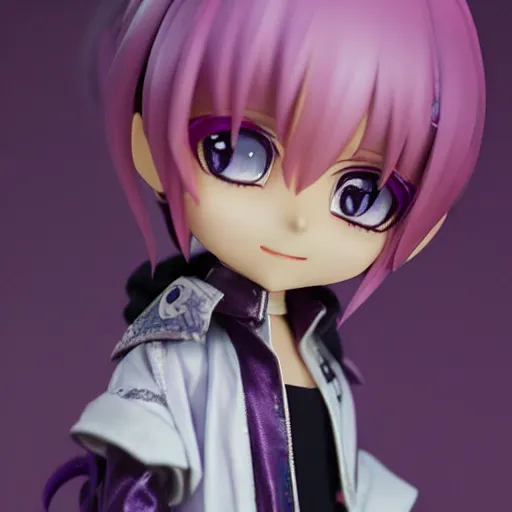 Prompt: portrait of a anime and chibi very cute doll with purple jacket design by xkung work, nendoroid, kawaii, cyberpunk fashion, character modeling, maximalist sculpted design, toy design, substance 3 d painter, vray, soft vinyl, trending in artstation