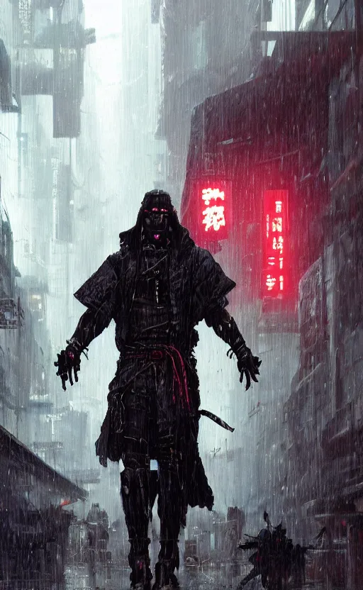 Prompt: cyberpunk samurai in rain, crowd, raven, arcane, by fortiche, by greg rutkowski, esuthio, craig mullins, wlop