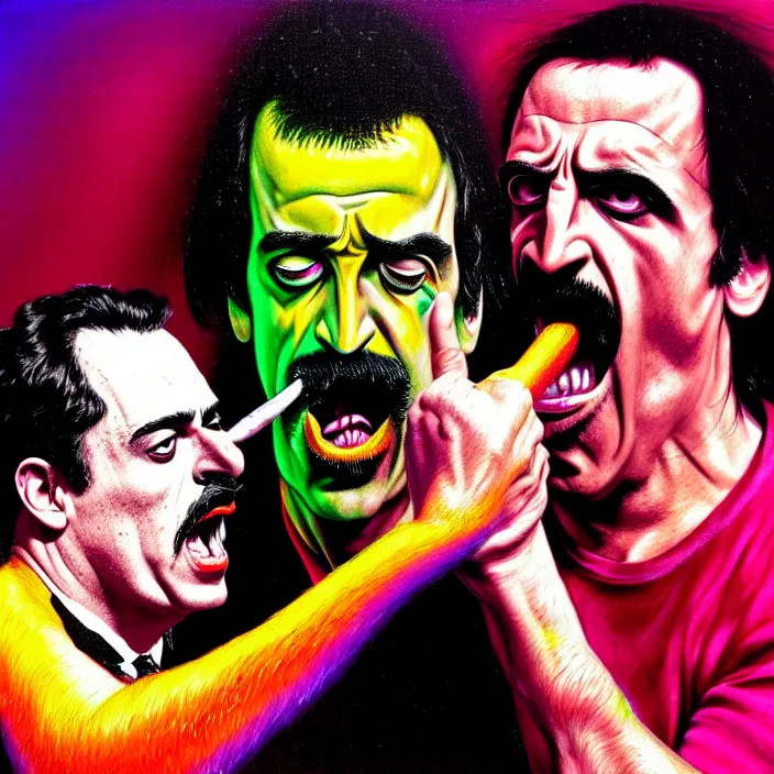 Prompt: bright psychedelic mike patton eating frank zappa who is puking hitler, puke, rotten, screaming, diffuse lighting, fantasy, intricate, elegant, highly detailed, lifelike, photorealistic, digital painting, artstation, illustration, concept art, smooth, sharp focus, art by francis bacon