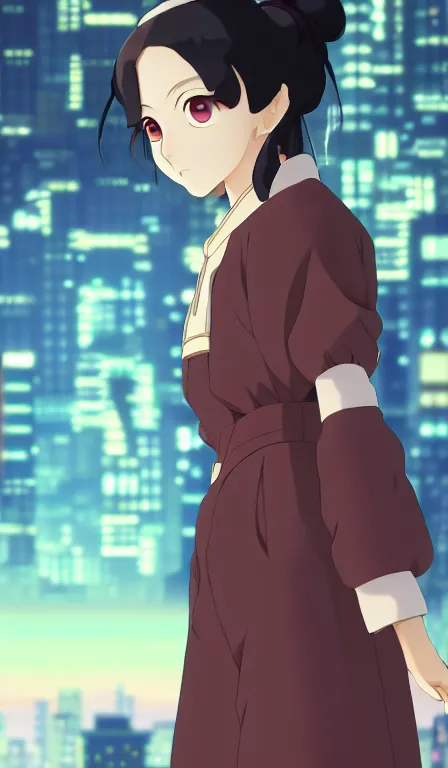 Image similar to anime fine details portrait of Nezuko in front of cyberpunk moder city landscape on the background deep bokeh, close-up view, anime masterpiece by Studio Ghibli. 8k, sharp high quality anime, artstation