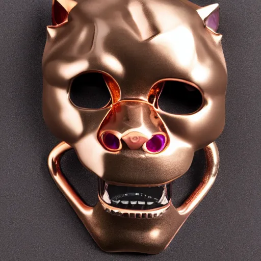 Image similar to panther with rose gold teeth and raw gems inlaid head, 3 / 4 pose, anatomical description, technically exposed, matte black, rose gold, amethyst, high coloration, ambient lightning, highly detailed, 8 k