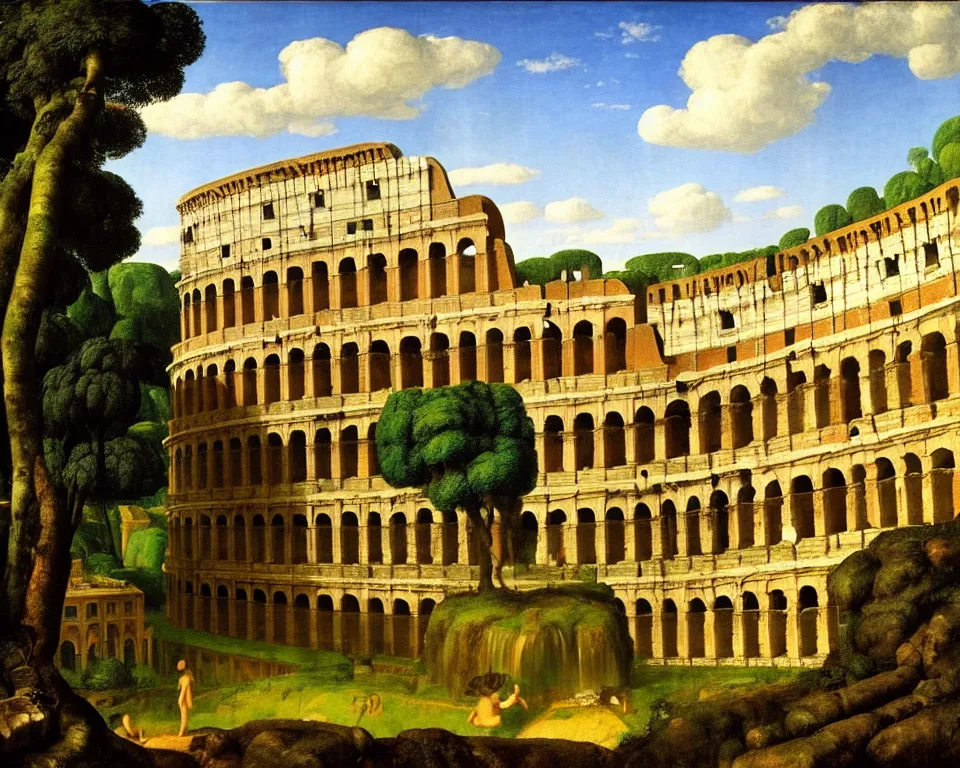 Image similar to an achingly beautiful print of the Colosseum in a jungle clearing with a cascading waterfall in the distance by Raphael, Hopper, and Rene Magritte. detailed, romantic, enchanting, trending on artstation.