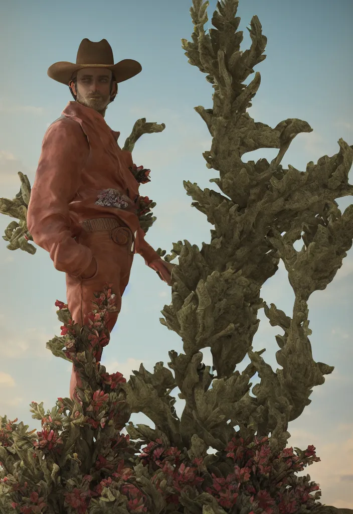 Image similar to A cowboy turning into blooms. A cowboy made of tropical sea slugs. complementary colors. national geographic. 8k, rendered in octane, smooth gradients. sculpture by antonio canova