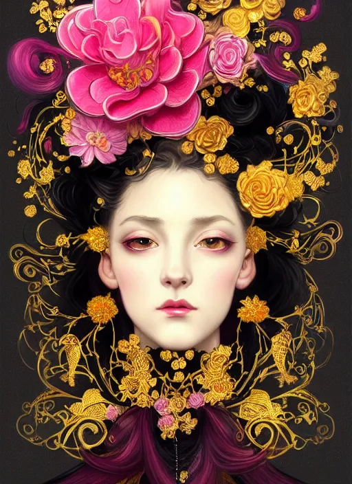 Image similar to beautiful black pink yellow, complicated gold and pink flowers in baroque style headwears, dark fantasy, intricate, elegant, highly detailed, digital painting, artstation, highly saturated colors, concept art, matte, 3 d 8 k octane rendered, sharp focus, illustration, octane rendered, art by artgerm and alphonse mucha, leesha hannigan