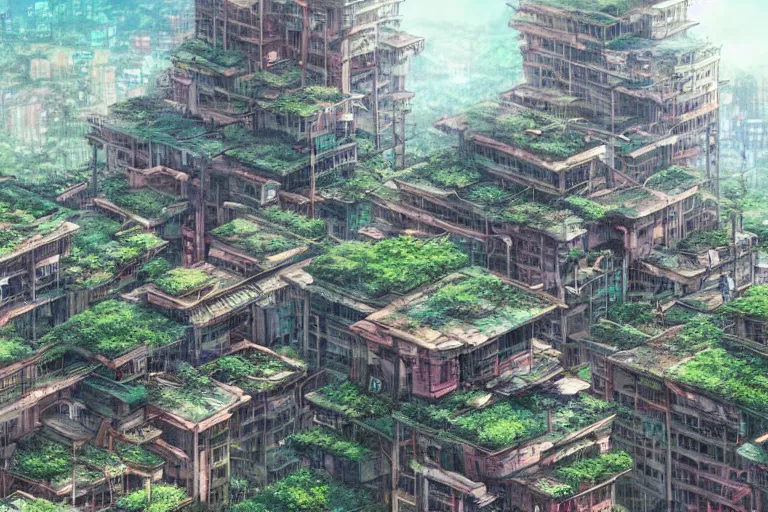 Image similar to kowloon walled forest city, still from studio ghibli anime movie, digital art, artgerm, trending on artstation