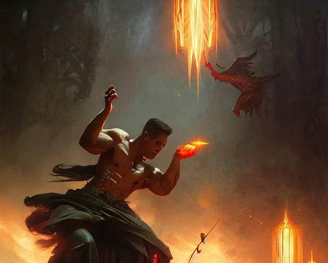 Image similar to handsome tattooed gym bro warlock lightning magic spell vfx, diagonal spell vfx, fantasy game spell, fantasy epic digital art, by greg rutkowski, gaston bussiere, craig mullins, j. c. leyendecker, tom of finland