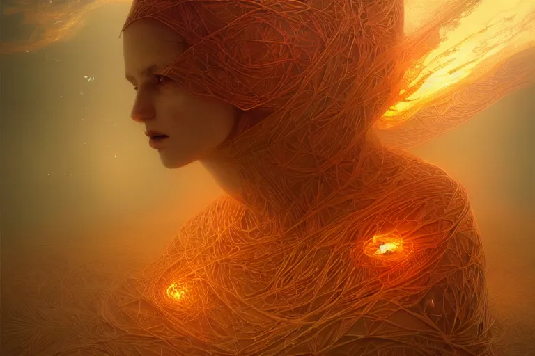 Prompt: ocean of canvas that catches firel, magical, concept art, art nouveau, by Reylia Slaby, Peter Gric, trending on artstation, volumetric lighting, intricate, ornate, CGsociety