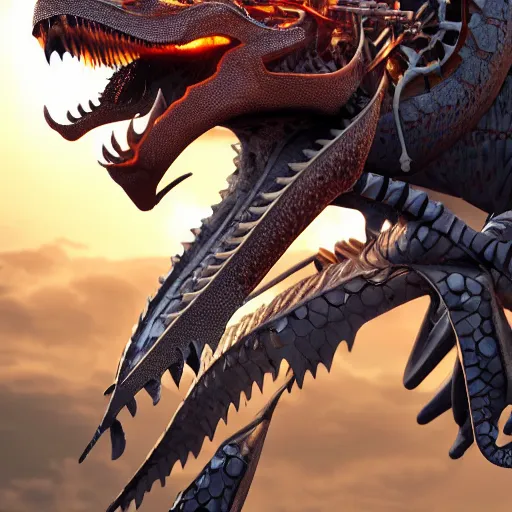 Image similar to a highly detailed close up of a beautiful majestic anthropomorphic robot female dragon, with smooth and streamlined mechanical armor, standing and posing elegantly on a beach, well detailed head with eyes and a maw, with sharp claws on her hands and feet, two arms, two legs, long tail, artstation, DeviantArt, professional, octane render, sunset lighting