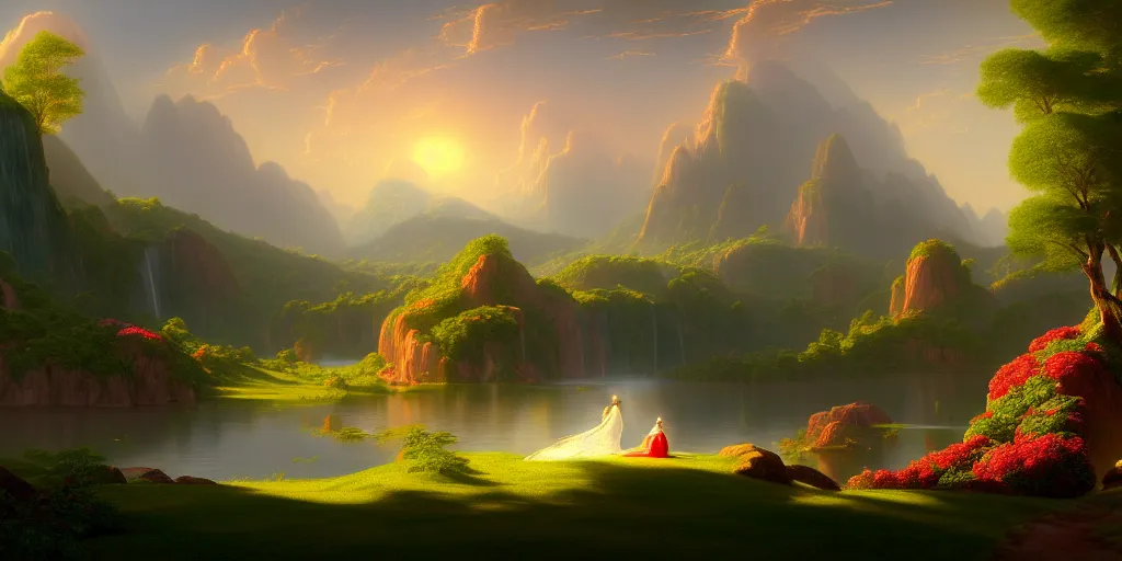 Prompt: a gorgeous landscape in the style of thomas cole and pixar. beautiful beyond imagination! enchanting, mysterious, alluring, dreamy. hyperrealism, high detail 8 k, smooth gradient cgi, path tracing, trending on artstation