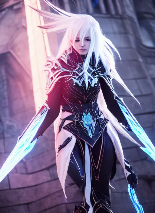 Image similar to photo of a sorceress near mage tower, warframe armor!!, fantasy, white hair, anime, professionally color graded, interesting angle, sharp focus, 8 k high definition, insanely detailed, intricate, intelligent, art by akihiko yoshida and shirotaka